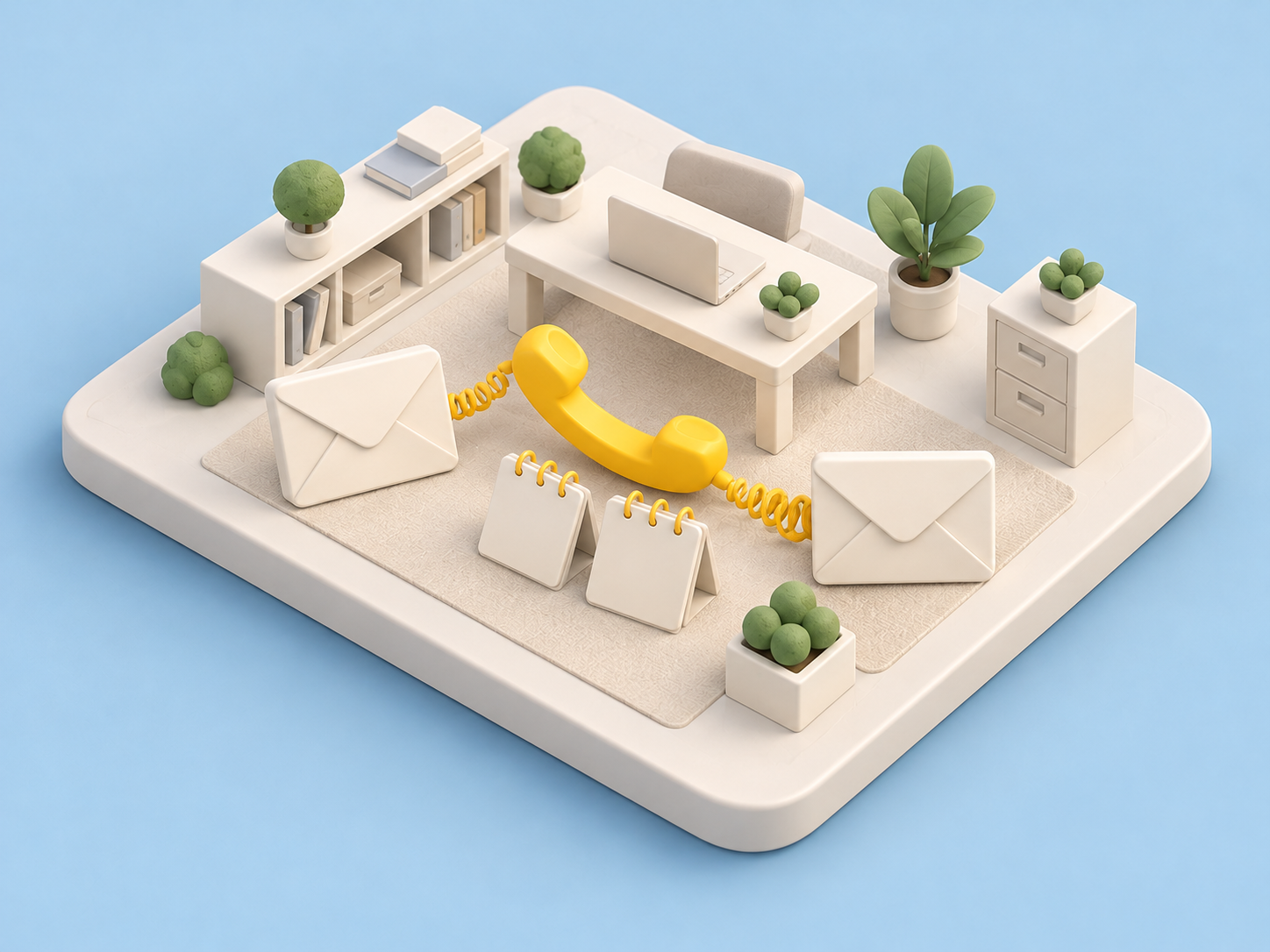 Concept illustration of a yellow telephone connecting two envelopes beside a desk and calendar tiles.