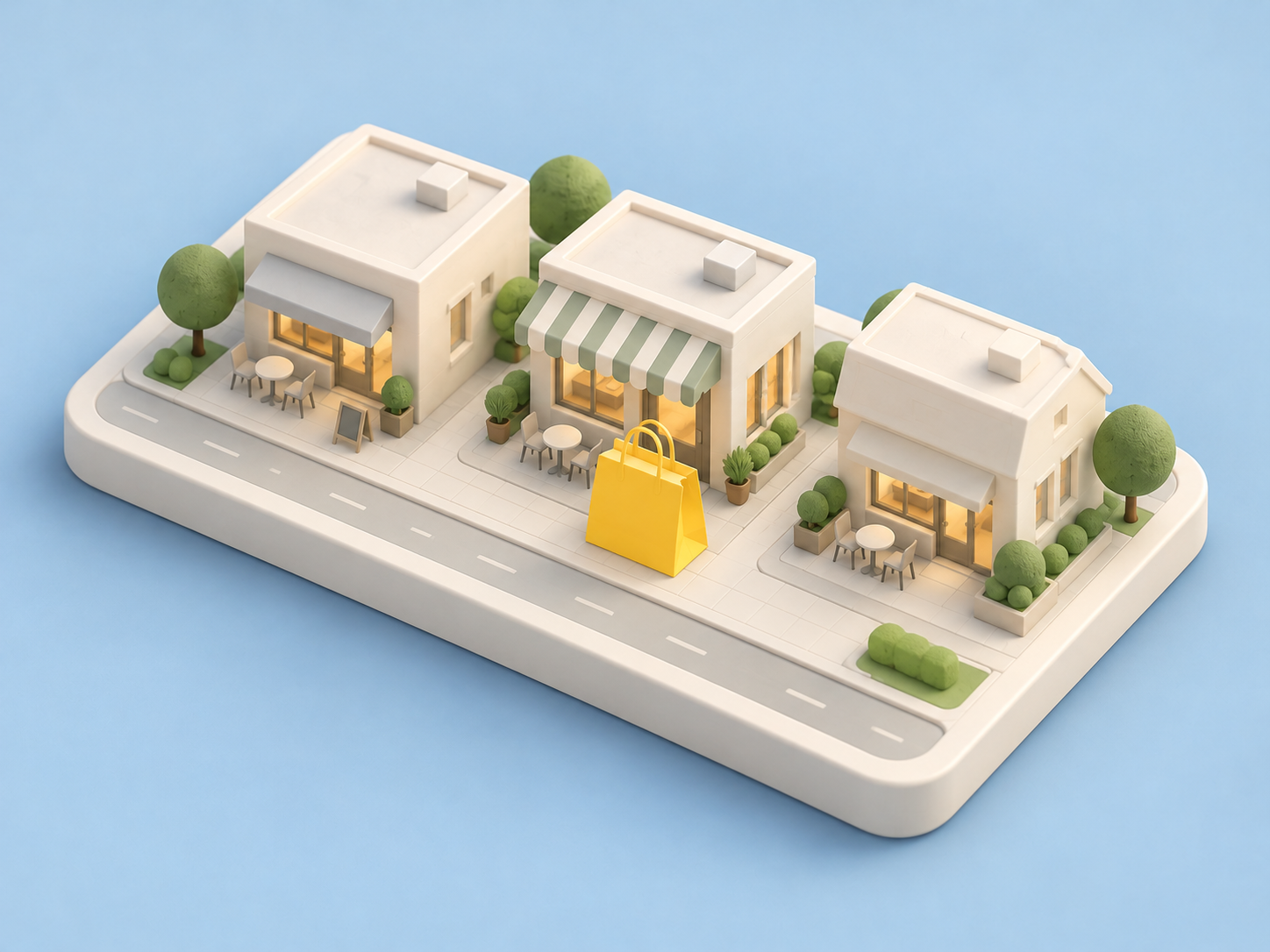 Concept illustration of three restaurants with a yellow takeaway bag outside the selected restaurant.