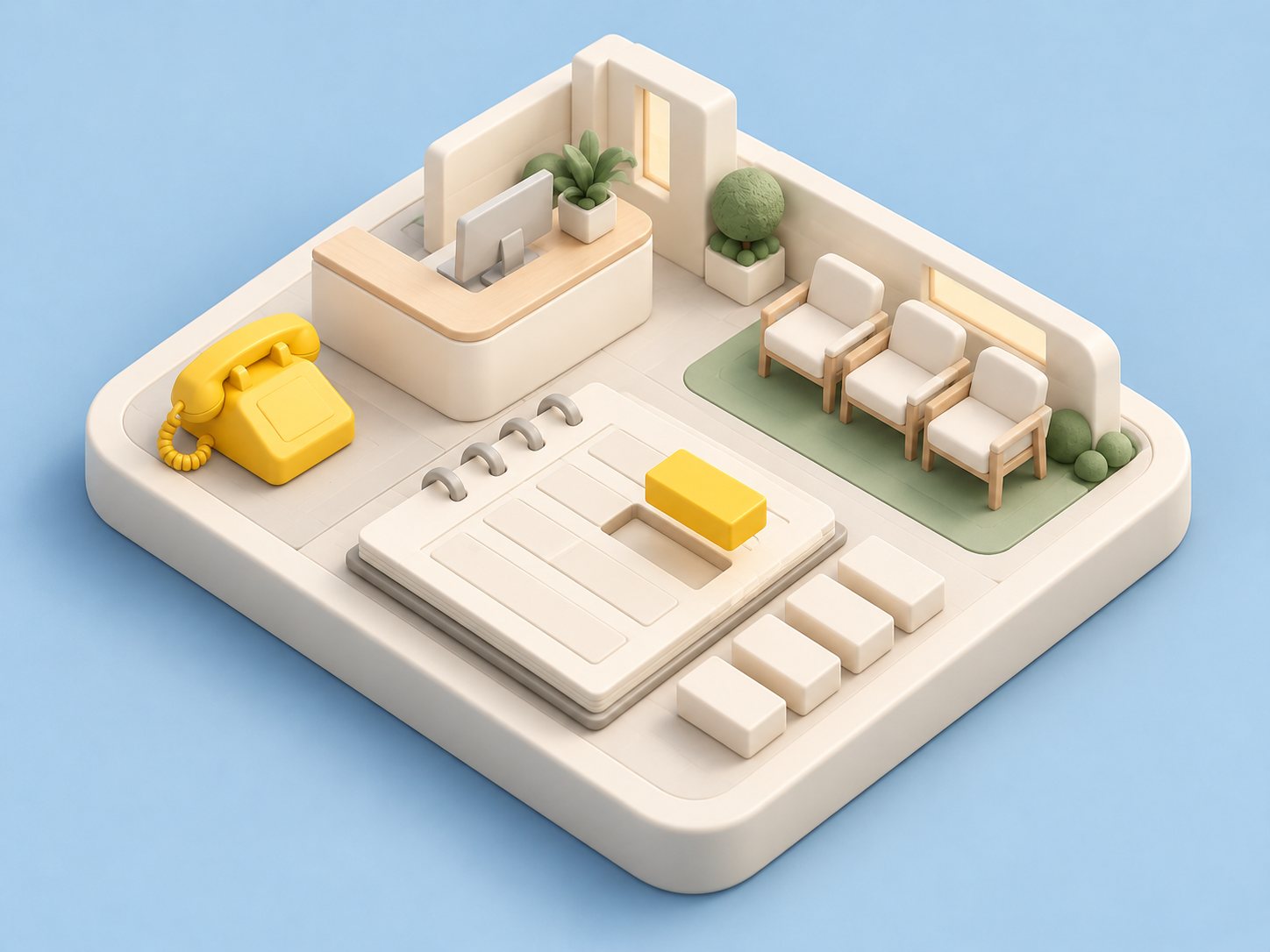 Concept illustration of a service studio, a yellow telephone and an appointment block beside an empty diary slot.